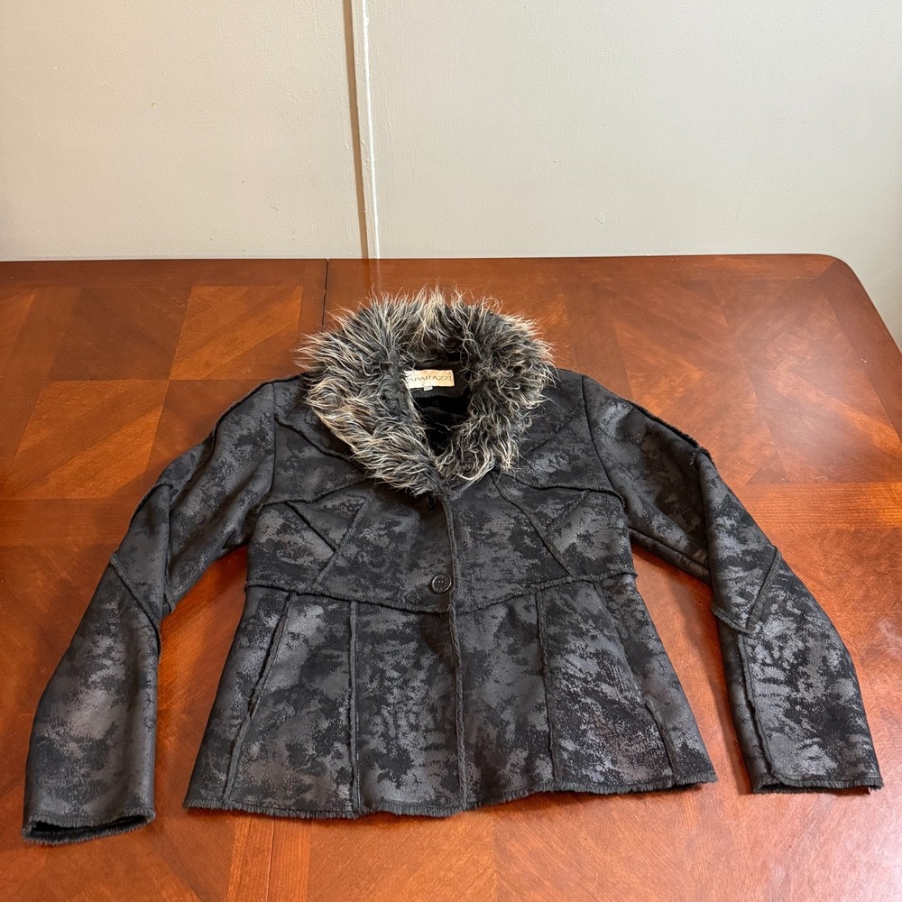 Paparazzi Faux Fur Collar Jacket Women's L Black Boho Y2K Faux Suede Coat